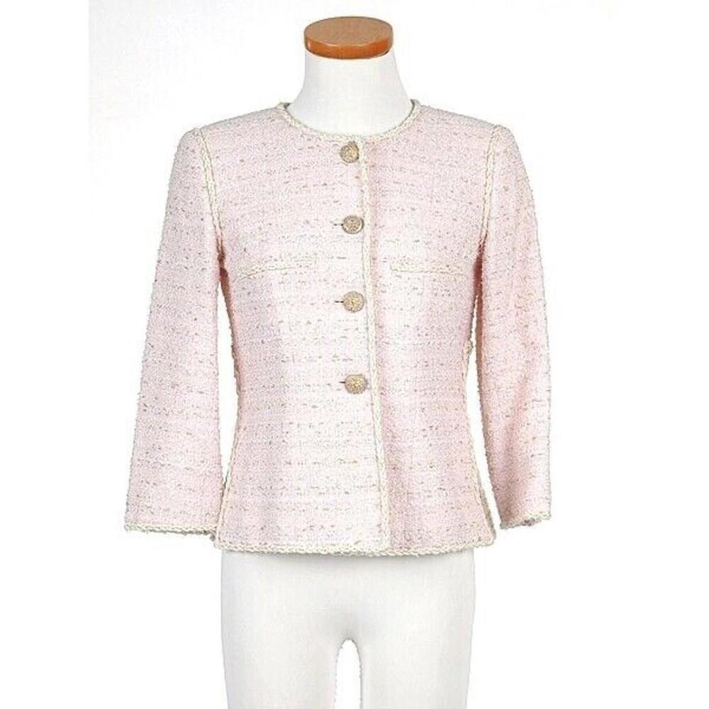 2010 CHANEL 10P Tweed Pink JACKET BRADED TRIM CC buttons FR-38